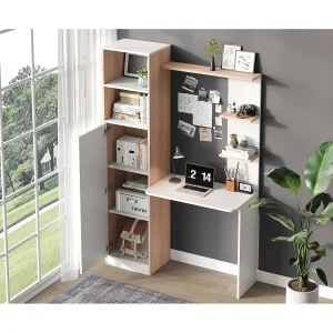 Bureau met opbergruimte en open planken – Wit met houtnerf