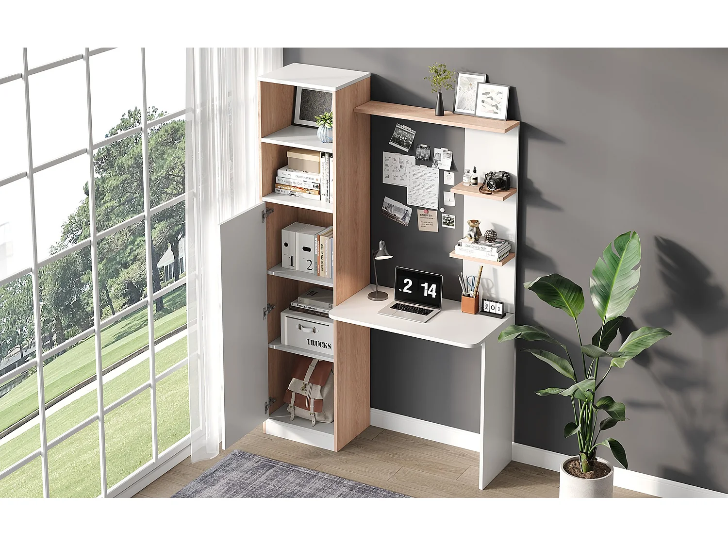 Bureau met opbergruimte en open planken - Wit met houtnerf