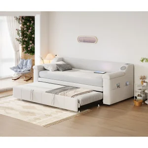 Dagbed 90/180x190cm met USB-aansluiting en zijvakken – Beige fluwelen stof (matras niet inbegrepen) Dagbed 90/180x190cm met USB-aansluiting en zijvakken – Beige fluwelen stof (matras niet inbegrepen)