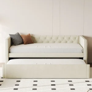 Dagbed 90×200 cm, uitschuifbaar bed 90×190 cm – Beige fluwelen kinderbed met lattenbodem Dagbed 90×200 cm, uitschuifbaar bed 90×190 cm – Beige fluwelen kinderbed met lattenbodem