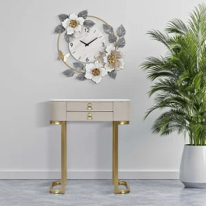 Consoletafel met 2 lades in hout en beige stof 70x40x80 cm