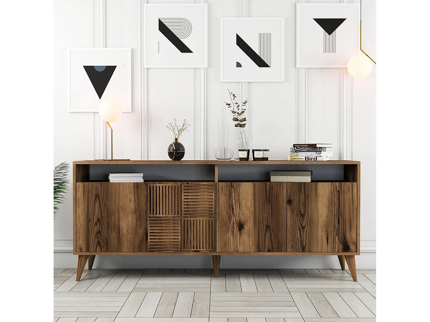 Houten Buffet "Milan" - 180 x 35 x 78 cm - Walnoot, 4 Deuren