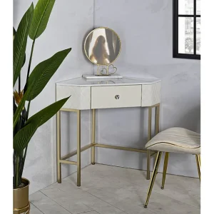 Consoletafel in goudkleurig metaal en crèmekleurig imitatieleer, 84,5x60x77 cm Consoletafel in goudkleurig metaal en crèmekleurig imitatieleer, 84,5x60x77 cm