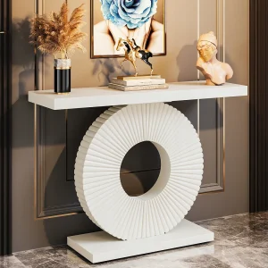 Consoletafel, halmeubel met ronde voet, 100 x 30 x 79 cm, wit