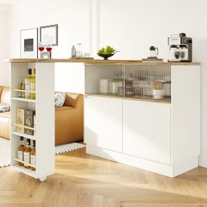 Draaibare barkast met planken en glazen deuren – Wit en licht naturel