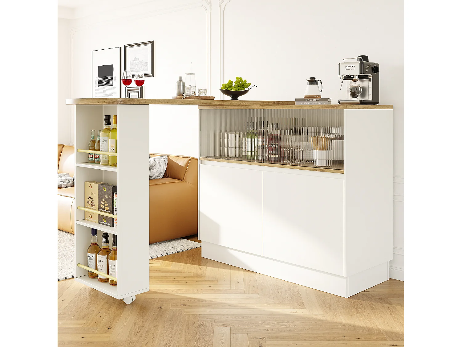 Draaibare barkast met planken en glazen deuren - Wit en licht naturel
