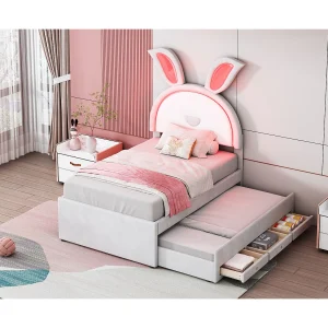 Cama de criança em veludo 90 x 200 cm – Com cama auxiliar de 90 x 190 cm, iluminação LED e 3 gavetas – Bege Cama de criança em veludo 90 x 200 cm – Com cama auxiliar de 90 x 190 cm, iluminação LED e 3 gavetas – Bege