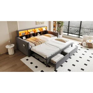 Dagbed 90/180 x 190 cm met 2 lades, ledverlichting en stopcontact, planken – Volwassenenbed in fluweel – Donkergrijs Dagbed 90/180 x 190 cm met 2 lades, ledverlichting en stopcontact, planken – Volwassenenbed in fluweel – Donkergrijs