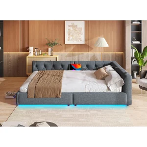 Daybed 140 x 200 cm met LED-verlichting, USB- en Type-C-aansluiting – Volwassenenbed in grijs linnen Daybed 140 x 200 cm met LED-verlichting, USB- en Type-C-aansluiting – Volwassenenbed in grijs linnen