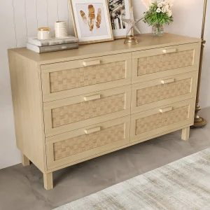 Commode met 6 lades – Lades met rotanlook – Lichte houtkleur