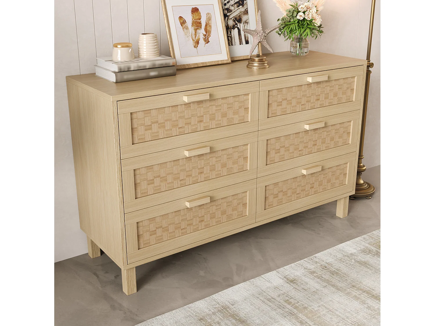 Commode met 6 lades - Lades met rotanlook - Lichte houtkleur