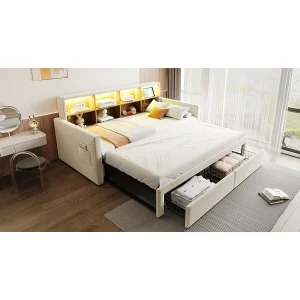 Dagbed 90/180 x 190 cm met 2 lades, ledverlichting en stopcontact, planken – Volwassenenbed in fluweel – Beige Dagbed 90/180 x 190 cm met 2 lades, ledverlichting en stopcontact, planken – Volwassenenbed in fluweel – Beige