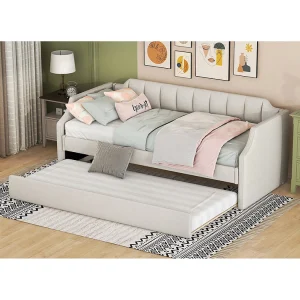 Dagbed 90x200cm met uitschuifbaar bed 90x190cm – Katoen en linnen – Beige Dagbed 90x200cm met uitschuifbaar bed 90x190cm – Katoen en linnen – Beige