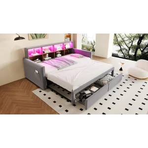 Dagbed 90/180 x 190 cm met 2 lades, ledverlichting en stopcontact, planken – Volwassenenbed in fluweel – Lichtgrijs Dagbed 90/180 x 190 cm met 2 lades, ledverlichting en stopcontact, planken – Volwassenenbed in fluweel – Lichtgrijs