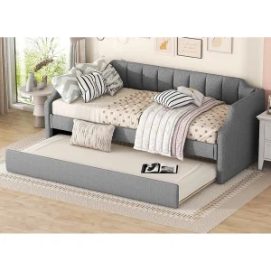 Dagbed 90x200cm met uitschuifbaar bed 90x190cm – Katoen en linnen stof – Grijs Dagbed 90x200cm met uitschuifbaar bed 90x190cm – Katoen en linnen stof – Grijs