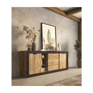 Buffet MEUNIER – 2 schuifdeuren & 3 laden – Samdal eiken & mat zwart – 220×85×45 cm Buffet MEUNIER – 2 schuifdeuren & 3 laden – Samdal eiken & mat zwart – 220×85×45 cm