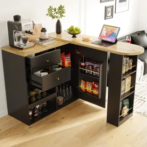 Draaibare barkast – één deur, 2 laden, 3 planken & 2 nissen – Bovenblad met MDF houteffect – 138 cm/105x39x102 cm – Zwart
