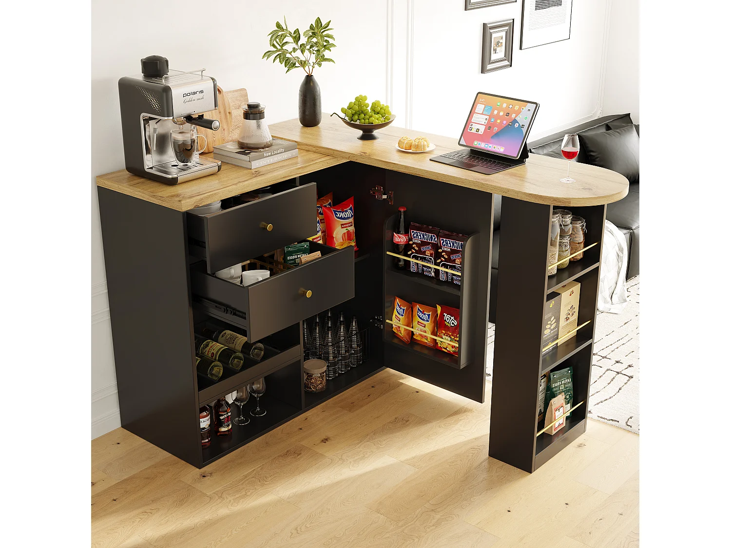 Draaibare barkast - één deur, 2 laden, 3 planken & 2 nissen - Bovenblad met MDF houteffect - 138 cm/105x39x102 cm - Zwart