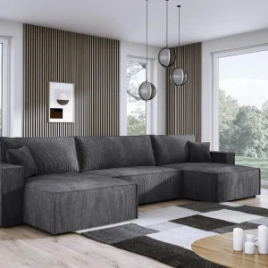 DomoHome XXL U-vormige hoekbank met bed 330x130cm, zachte kussens, commode, bekleding hoge kwaliteit, grafiet, 377x143x83cm DomoHome XXL U-vormige hoekbank met bed 330x130cm, zachte kussens, commode, bekleding hoge kwaliteit, grafiet, 377x143x83cm