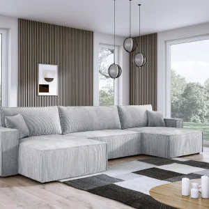 DomoHome XXL U-vormige hoekbank met bed 330x130cm, zachte kussens, commode, bekleding hoge kwaliteit, grijs, 377x143x83cm DomoHome XXL U-vormige hoekbank met bed 330x130cm, zachte kussens, commode, bekleding hoge kwaliteit, grijs, 377x143x83cm