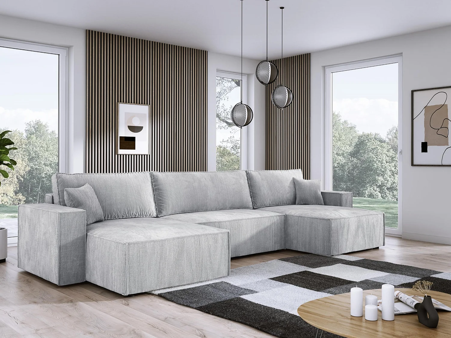 DomoHome XXL U-vormige hoekbank met bed 330x130cm, zachte kussens, commode, bekleding hoge kwaliteit, grijs, 377x143x83cm