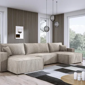 DomoHome XXL U-vormige hoekbank met bed 330x130cm, zachte kussens, borst, hoge kwaliteit bekleding, beige, 377x143x83cm DomoHome XXL U-vormige hoekbank met bed 330x130cm, zachte kussens, borst, hoge kwaliteit bekleding, beige, 377x143x83cm