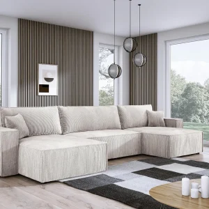 DomoHome XXL hoekbank U met bed 330x130cm, zachte kussens, commode, bekleding hoge kwaliteit, wit, 377x143x83cm DomoHome XXL hoekbank U met bed 330x130cm, zachte kussens, commode, bekleding hoge kwaliteit, wit, 377x143x83cm