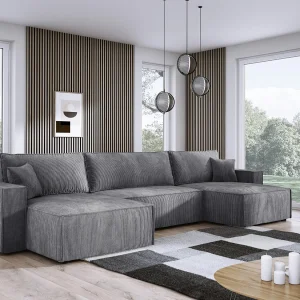 DomoHome XXL hoekbank U met bed 330x130cm, zachte kussens, commode, bekleding hoge kwaliteit, grijs, 377x143x83cm DomoHome XXL hoekbank U met bed 330x130cm, zachte kussens, commode, bekleding hoge kwaliteit, grijs, 377x143x83cm