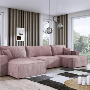 DomoHome XXL U-vormige hoekbank met bed 330x130cm, zachte kussens, commode, hoogwaardige bekleding, poederroze, 377x143x83cm DomoHome XXL U-vormige hoekbank met bed 330x130cm, zachte kussens, commode, hoogwaardige bekleding, poederroze, 377x143x83cm
