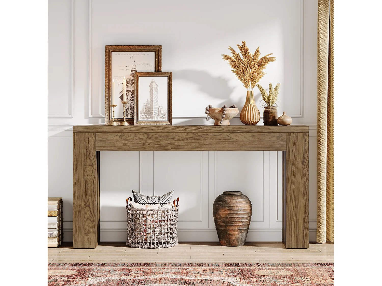 Consoletafel van 150 cm voor de woonkamer, landelijke haltafel met verticale spijlenpoten