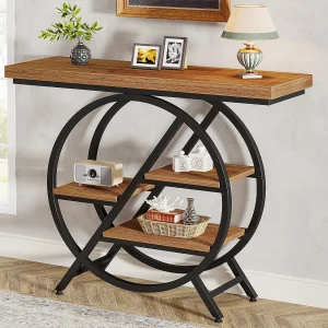 Consoletafel van 100 cm met dik blad, smalle industriële haltafel met 4 lagen en geometrisch metalen frame, lichtbruin Consoletafel van 100 cm met dik blad, smalle industriële haltafel met 4 lagen en geometrisch metalen frame, lichtbruin