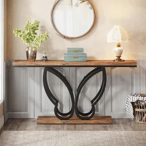 Consoletafel 140 cm, haltafel met vlindervormig metalen frame, salontafel, bijzettafels lang en smal, bruin en zwart