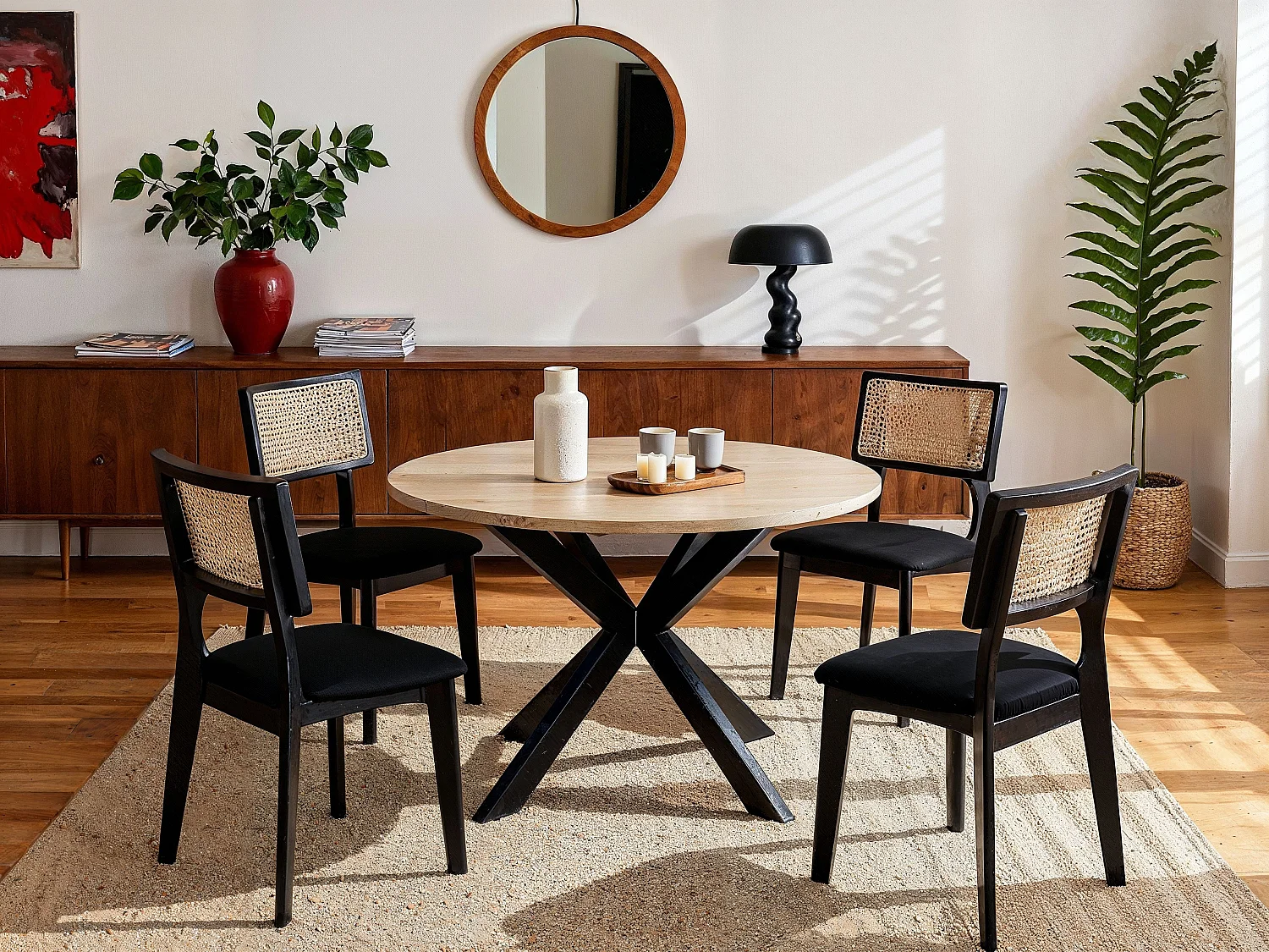 Set van 6 fluwelen stoelen, rotaneffect en rubberhout - Zwart - CALENYA