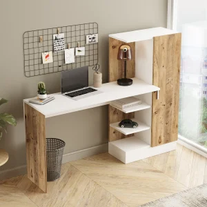 Moderne Witte Grenen Houten Bureau "CT2" met 4 Planken en 1 Deur – 152 x 40 x 120 cm