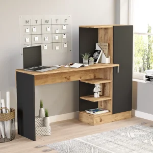 Moderne Zwart Grenen Houten Bureau "CT2" met 4 Planken en 1 Deur – 152 x 40 x 120 cm