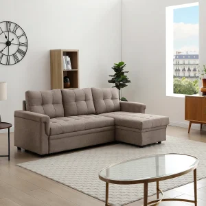 Omkeerbare slaaphoekbank in taupe stof DERAMOP Omkeerbare slaaphoekbank in taupe stof DERAMOP