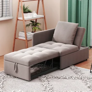 Convertibele fauteuil/slaapbank – Verstelbare rugleuning – Grijze linnen stof Convertibele fauteuil/slaapbank – Verstelbare rugleuning – Grijze linnen stof
