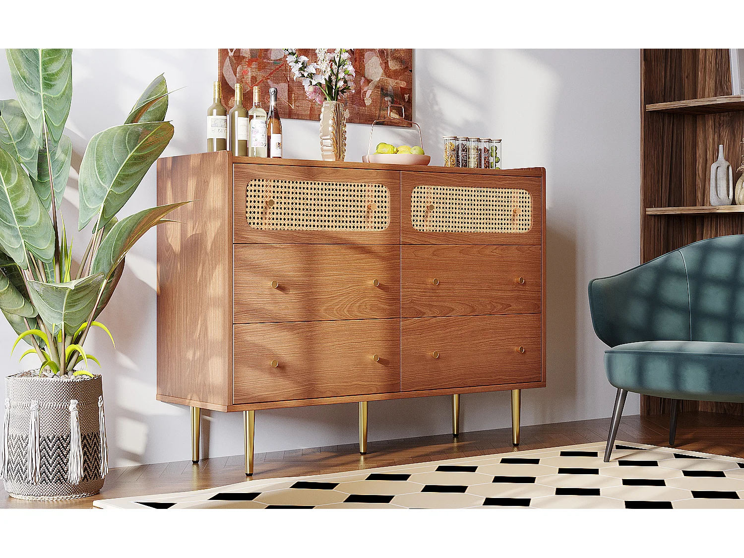 Commode met 6 laden - Gouden metalen poten - Walnootkleur