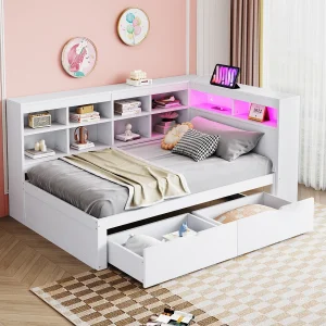 Dagbed 90x200cm met stopcontact, ledverlichting en opbergruimte – Kinderbed van MDF-hout – Wit Dagbed 90x200cm met stopcontact, ledverlichting en opbergruimte – Kinderbed van MDF-hout – Wit