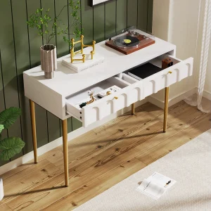 Console met 2 lades – Melkwit en goud – Hout en metaal Console met 2 lades – Melkwit en goud – Hout en metaal