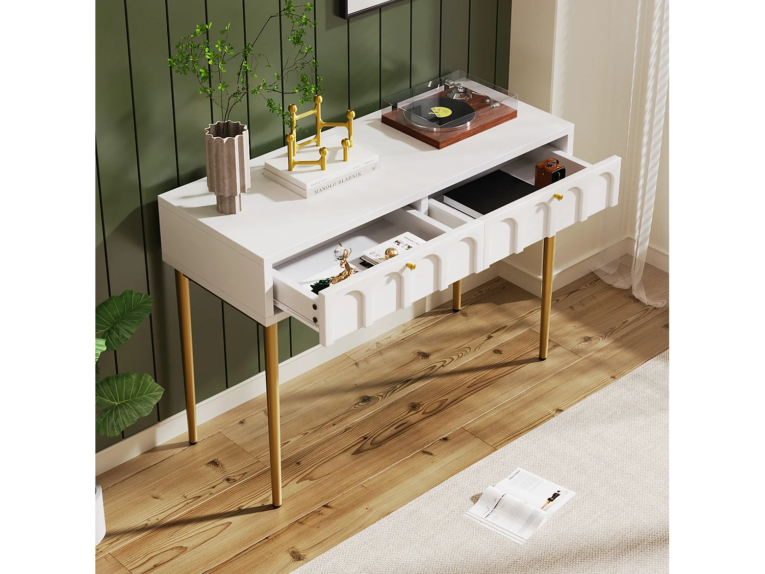 Console met 2 lades - Melkwit en goud - Hout en metaal