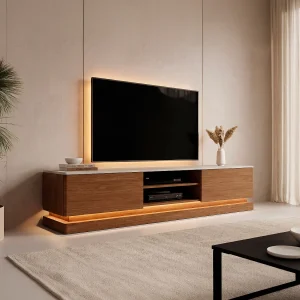 TV meubel met 2 lades en 2 nissen met LEDs in MDF – Donker naturel en beige – DEVIKA van Pascal MORABITO TV meubel met 2 lades en 2 nissen met LEDs in MDF – Donker naturel en beige – DEVIKA van Pascal MORABITO