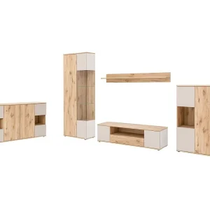 Complete woonkamerset ERINA – Laag dressoir, Hoog dressoir, Vitrinekast, TV-meubel, Wandplank – Licht eiken en beige Complete woonkamerset ERINA – Laag dressoir, Hoog dressoir, Vitrinekast, TV-meubel, Wandplank – Licht eiken en beige