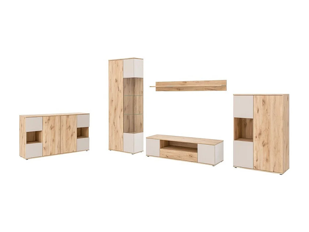 Complete woonkamerset ERINA - Laag dressoir, Hoog dressoir, Vitrinekast, TV-meubel, Wandplank - Licht eiken en beige