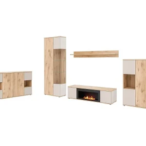 Complete woonkamerset ERINA – Laag buffet, Hoog buffet, Vitrinekast, Plank, TV-meubel met bio-ethanol haard – Licht eiken en beige Complete woonkamerset ERINA – Laag buffet, Hoog buffet, Vitrinekast, Plank, TV-meubel met bio-ethanol haard – Licht eiken en beige
