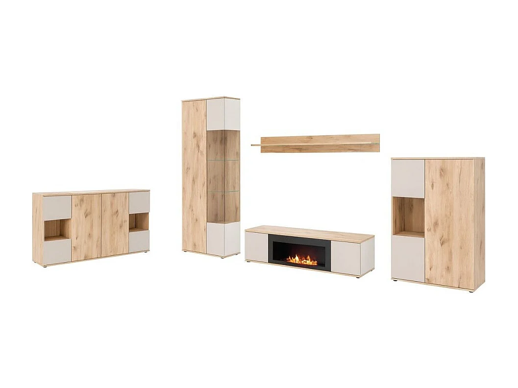 Complete woonkamerset ERINA - Laag buffet, Hoog buffet, Vitrinekast, Plank, TV-meubel met bio-ethanol haard - Licht eiken en beige