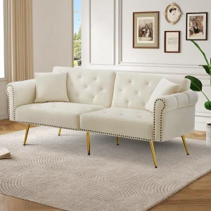 Canapé relaxation beige – Canapé avec dossier réglable et accoudoirs – 6 pieds en métal – pour salon et chambre