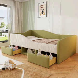 Dagbed 90×190 cm – Kinderbed met 2 lades en houten lattenbodem – donkergroen fluweel – matras niet inbegrepen Dagbed 90×190 cm – Kinderbed met 2 lades en houten lattenbodem – donkergroen fluweel – matras niet inbegrepen