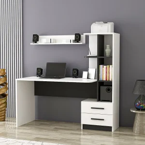 Bureau met boekenkast Silja wit met planken en lades, 120x60x74 cm, functionele opbergruimte voor volwassenen