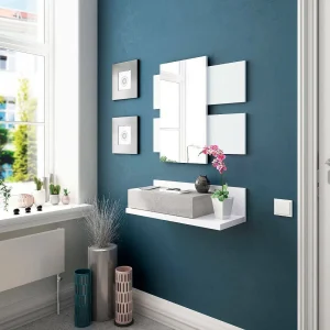 DCori entreemeubel, hangende entree met spiegel, meubel met lade voor entree, 75x29h90 cm, Wit en Cement